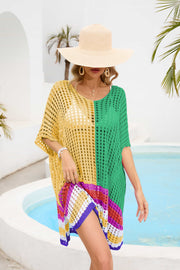 Colorblock mesh cover-up with scoop neck and half sleeves, featuring a striped hem.
