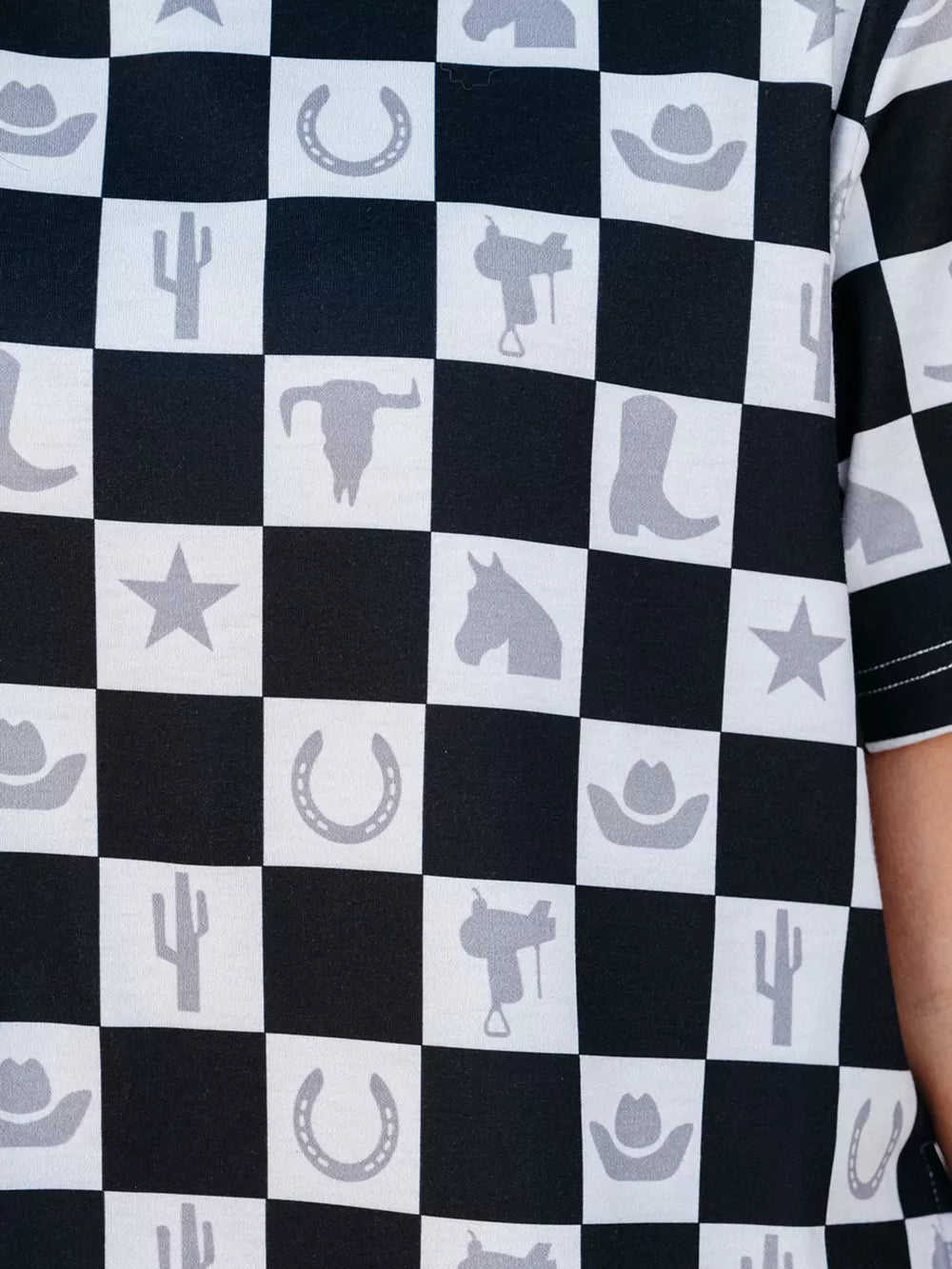 Western Checkerboard Print Side Split T-shirt in Black, view 12