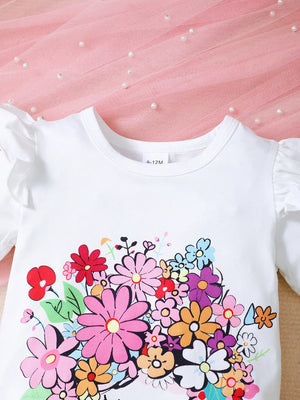 White baby set with colorful floral print and ruffle sleeves