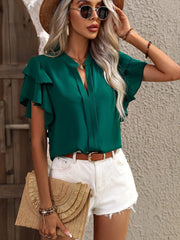 Dark green ruffled sleeve blouse with plunge neckline and tie detail.