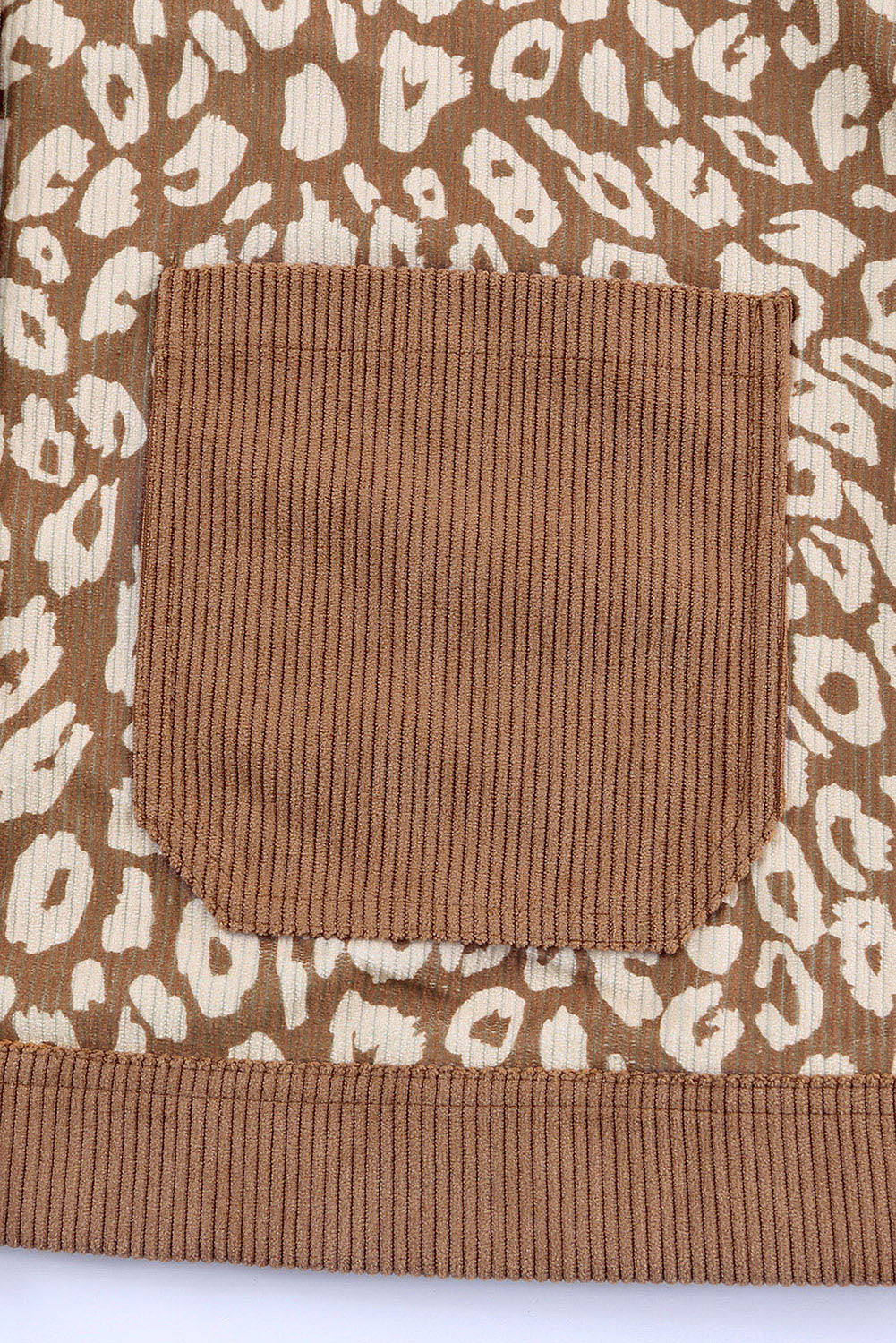 Corduroy Leopard Panel Jacket in camel with a corduroy chest pocket detail.