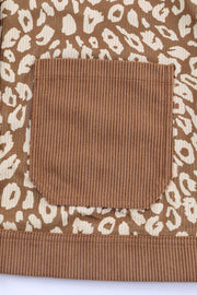 Corduroy Leopard Panel Jacket in camel with a corduroy chest pocket detail.