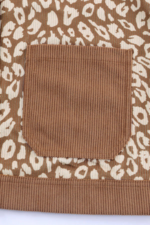 Corduroy Leopard Panel Jacket in camel with a corduroy chest pocket detail.