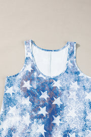 Distressed Americana tank top in dusty blue with white stars and a scoop neck.