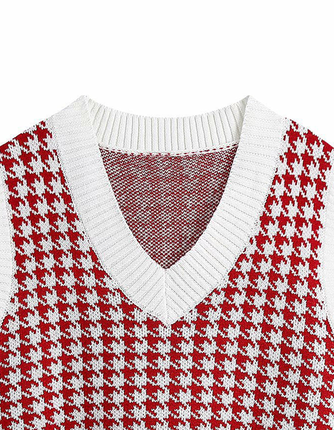 Houndstooth knit V-neck tank top in Deep Red and White with ribbed trim.