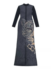 Leopard Print Mesh Long Sleeve Maxi Dress in Black, back view