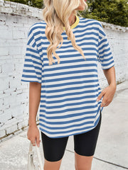 Blue and white striped relaxed tee with contrast yellow neckline and short sleeves.
