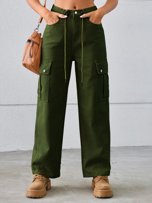 Army green denim cargo pants with drawstring waist and wide legs.
