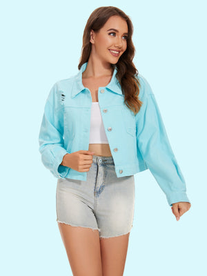 Aqua distressed denim trucker jacket with crystal fringe detail