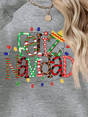 Gray graphic sweatshirt with Feliz Navidad text and Christmas lights.