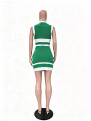 Green and white striped knit activewear set with contrast trim.