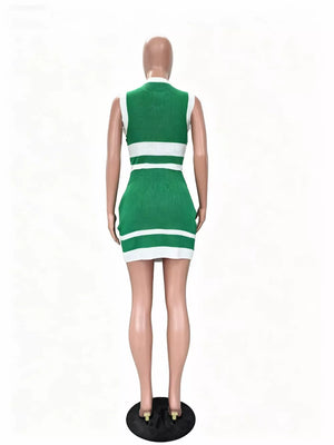 Green and white striped knit activewear set with contrast trim.