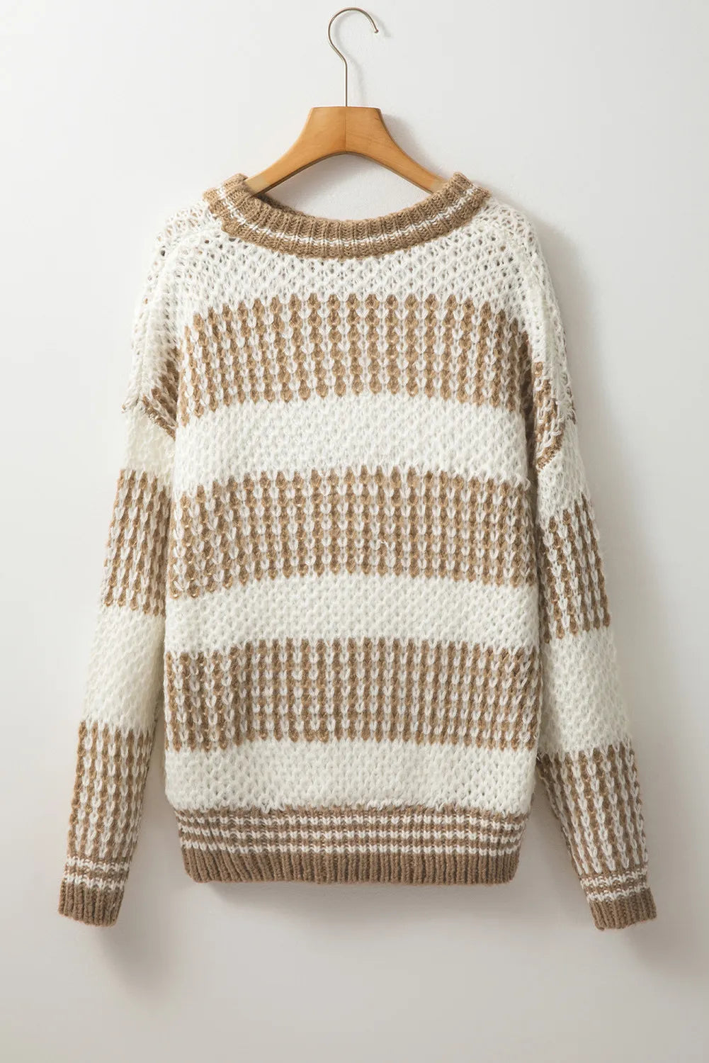 Textured knit sweater in taupe and white stripes, acrylic, crew neck, long sleeves.