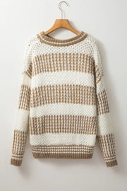 Textured knit sweater in taupe and white stripes, acrylic, crew neck, long sleeves.