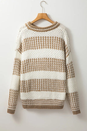 Textured knit sweater in taupe and white stripes, acrylic, crew neck, long sleeves.