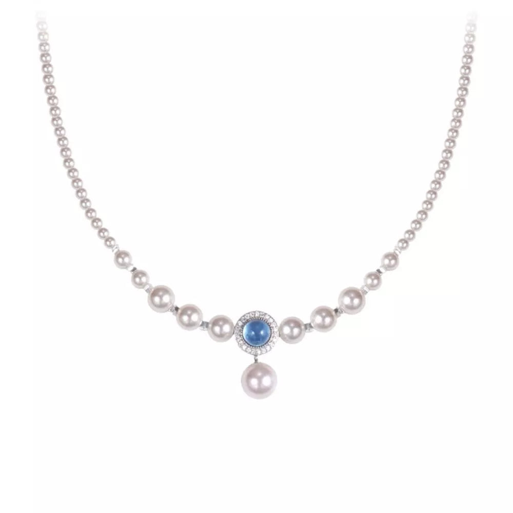 Luminous pearl choker with blue stone pendant and 925 silver accents
