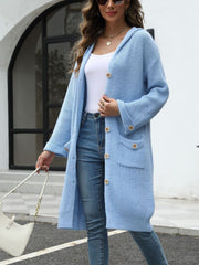Light blue longline button-down knit cardigan with hood and pockets