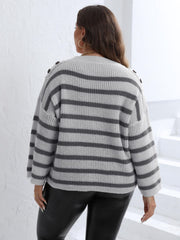 Light gray and charcoal striped knit sweater with shoulder buttons