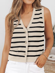 Button-front knit top in tan with black Breton stripes, V-neck, sleeveless, and gold buttons.
