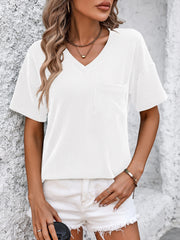 White ribbed V-neck t-shirt with short sleeves and a chest pocket.