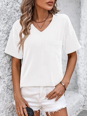 White ribbed V-neck t-shirt with short sleeves and a chest pocket.