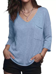 V-neck Chest Pocket Knit Top in Black, view 16