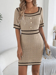 Tan knit bodycon dress with contrast trim and pearl buttons.