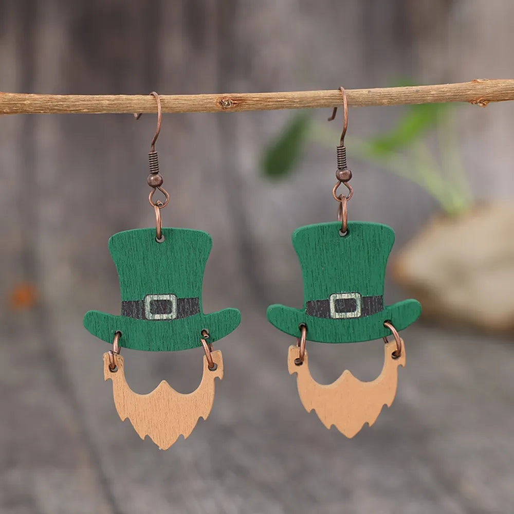 Green leprechaun hat and beard dangle earrings made of alloy and wood.
