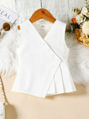 White baby sleeveless top with V-neck, button detail, and pleated hem