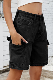 Black denim utility shorts with cargo pockets and a casual cut.