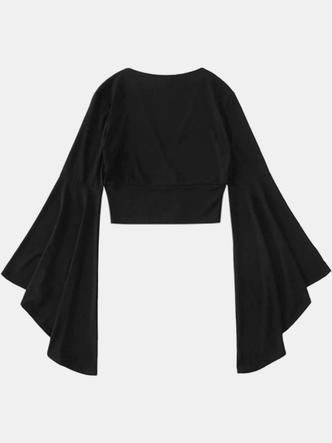 Black wrap blouse with dramatic bell sleeves and a V-neckline.