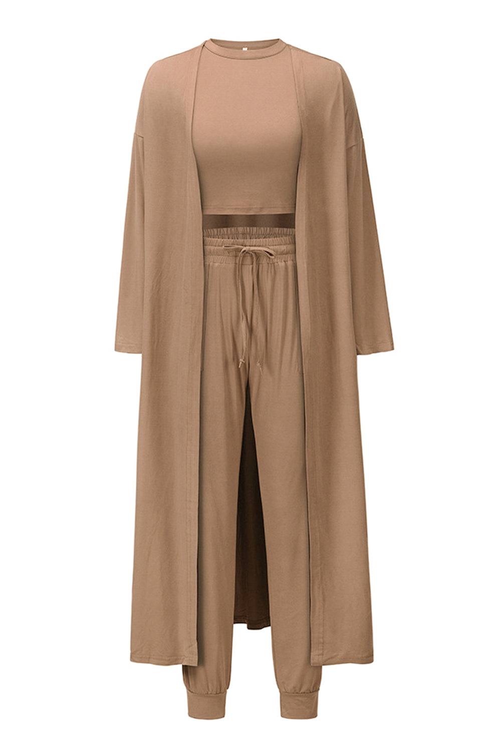 Mocha loungewear set with long cardigan, crop top, and drawstring pants