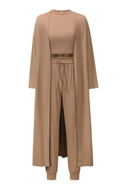 Mocha loungewear set with long cardigan, crop top, and drawstring pants