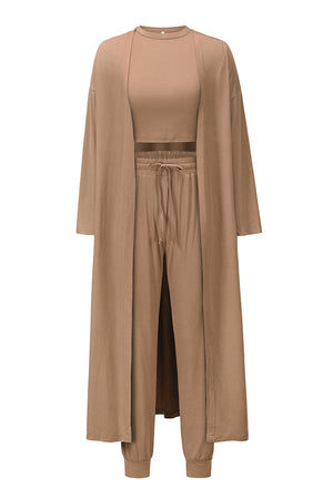 Mocha loungewear set with long cardigan, crop top, and drawstring pants