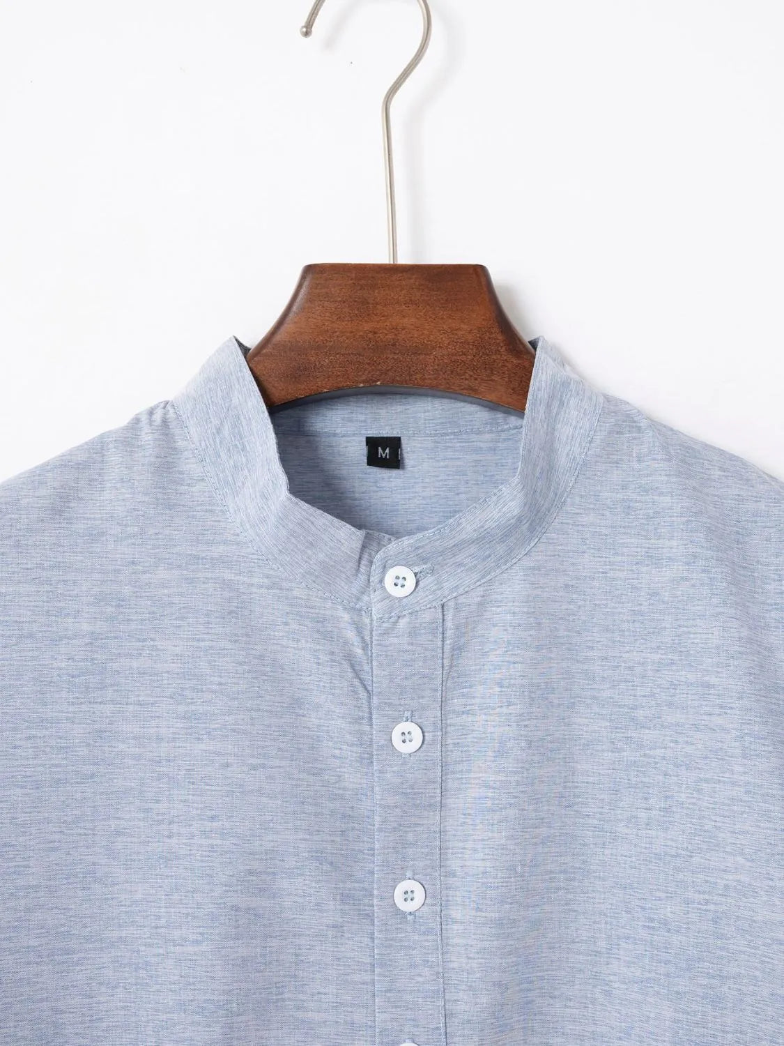 Light blue linen blend henley shirt with mandarin collar and button placket