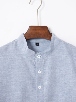 Light blue linen blend henley shirt with mandarin collar and button placket