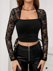 Black lace sleeve crop top with square neckline and drawstring sides