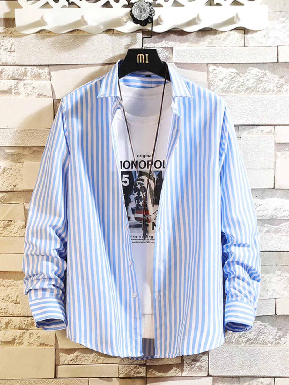 Men's Plus Size Striped Button Up Casual Shirt, back view
