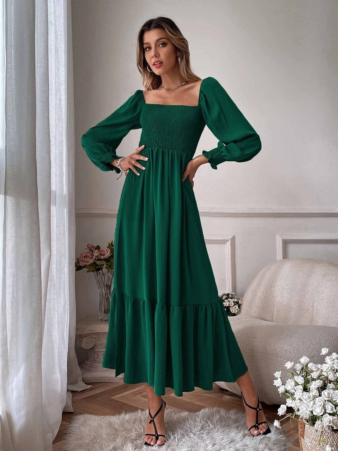Green smocked midi dress with square neck, puff sleeves, and tiered hem