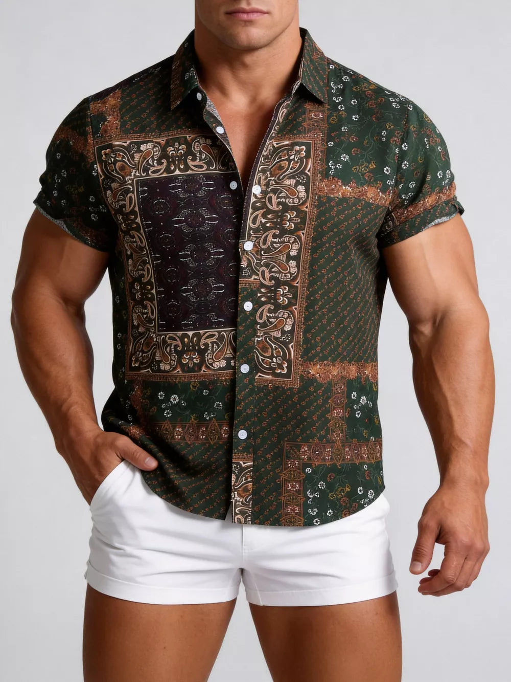 Button-down Graphic Short-sleeve Top in Camel, fabric detail