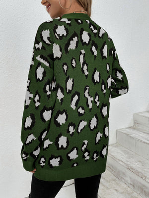 Army green knit cardigan with black and white leopard print, long sleeves, and open front.
