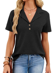 Black waffle knit polo shirt with button placket and collared neckline.