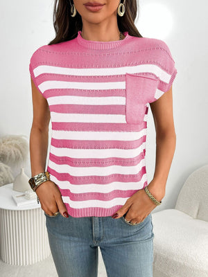 Pink and white striped knit sweater with a mock neck and chest pocket.