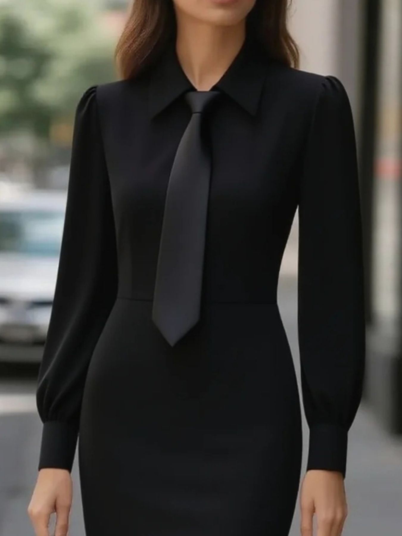 Black tie-neck long sleeve dress with buttoned collar and puff sleeves.