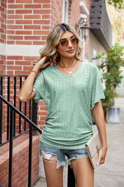 Light Green perforated dolman sleeve blouse with V-neck and ruching detail