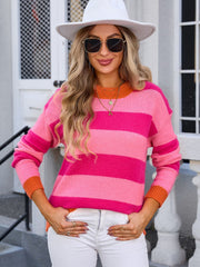 Sunset Stripe Colorblock Knit sweater in pink and rose with orange trim.