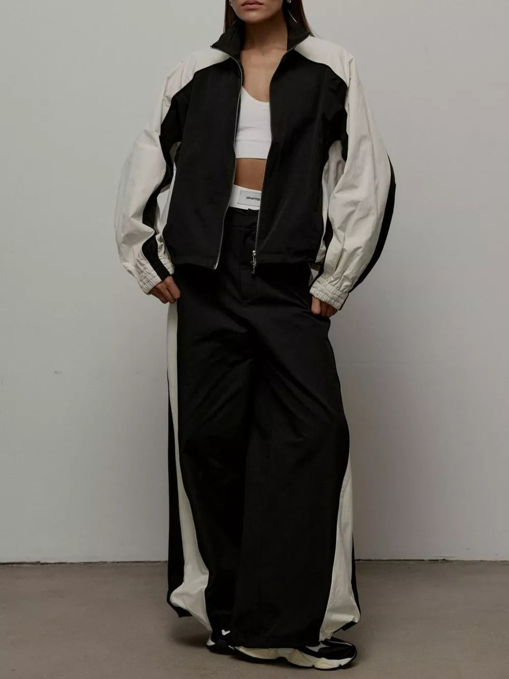 Color Block Zip Up Outerwear And Pants Set in Grey, editorial view