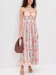 Charming floral sweetheart neckline midi dress with a pink base and vertical floral print.