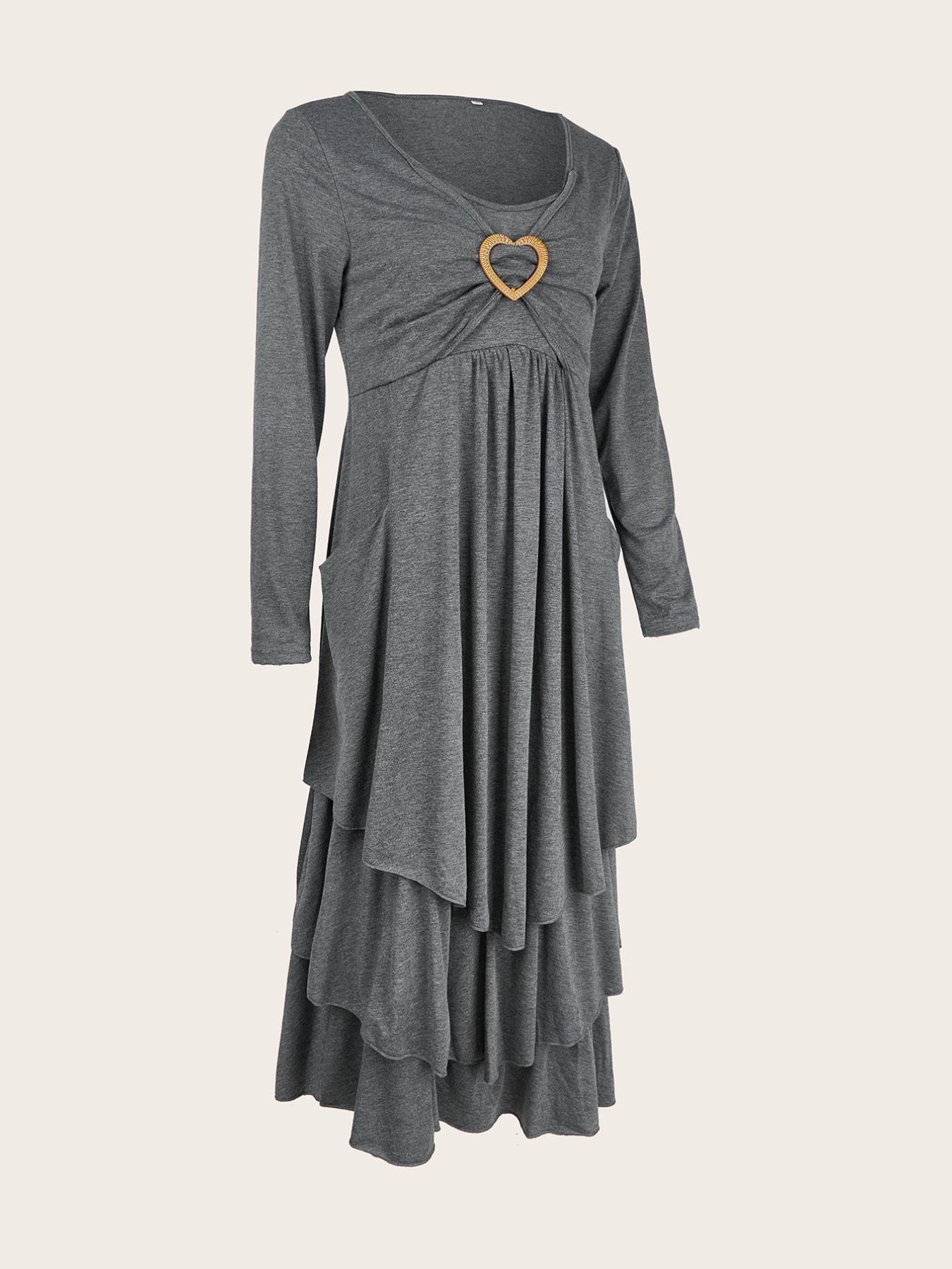 Dark gray midi dress with long sleeves, sweetheart neckline, and tiered skirt with heart detail.