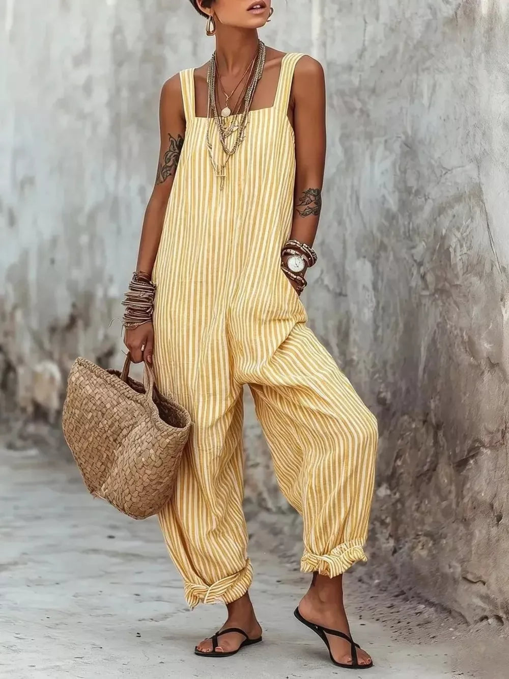 Full Size Striped Wide-leg Jumpsuit Plus Size, back view
